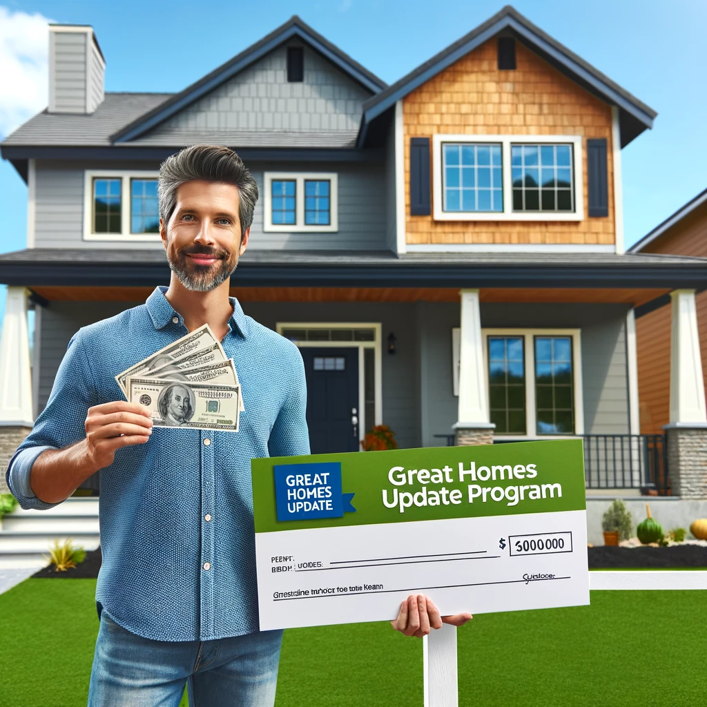 A happy homeowner in front of a beautifully renovated house, holding a voucher and a check, symbolizing the benefits of the Great Homes Update Program.