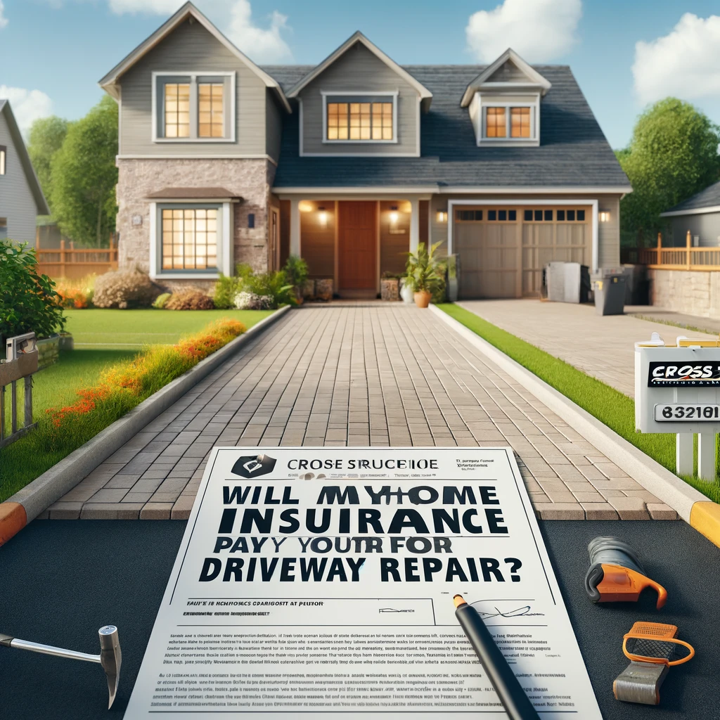 branded image for an article about home insurance covering driveway repairs in Houston, Texas, featuring Cross Construction Services.