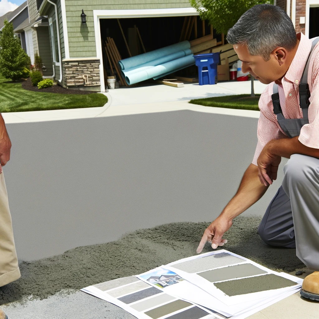 A professional concrete driveway contractor discussing a driveway project with a homeowner.
