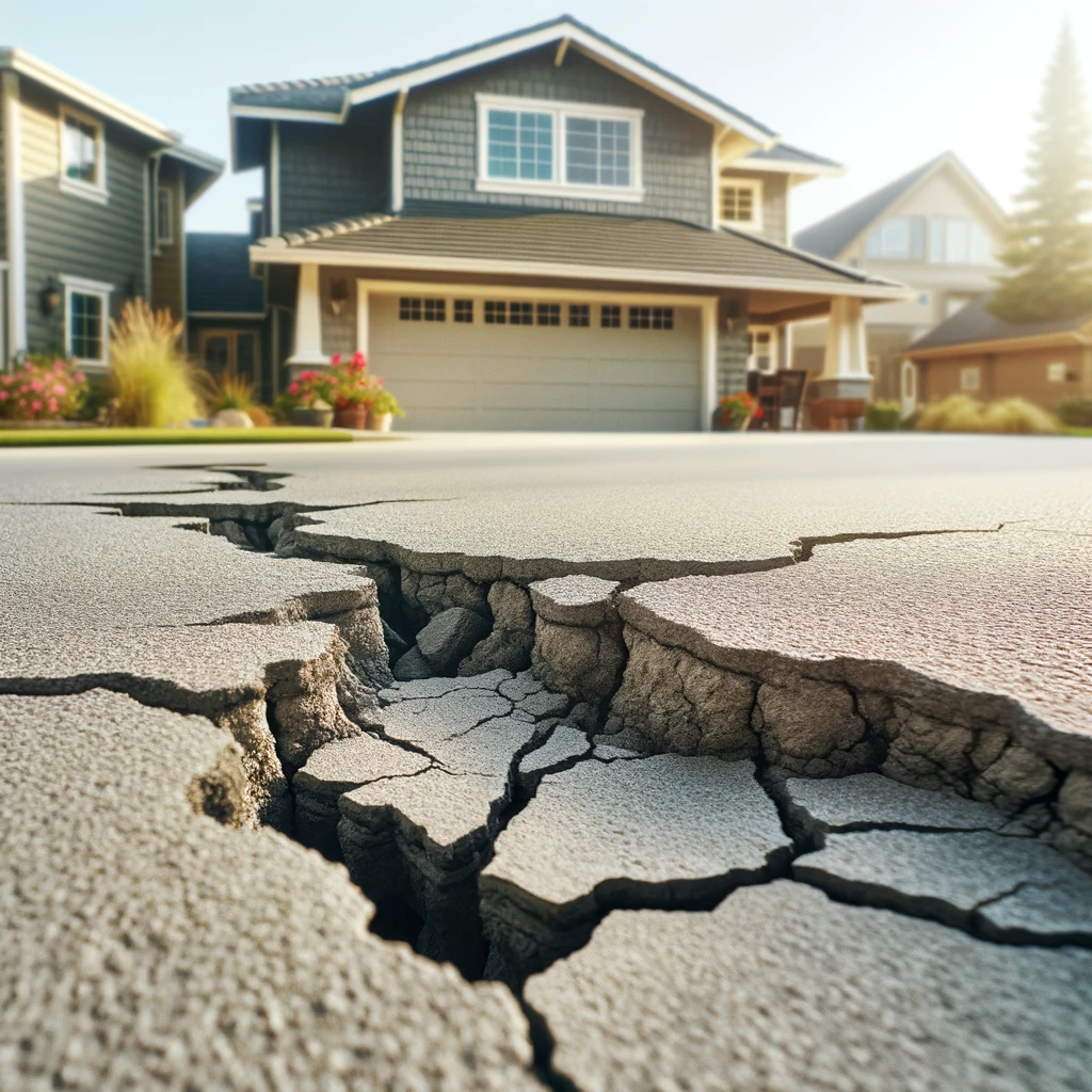 A close-up of a driveway with visible cracks and uneven surfaces