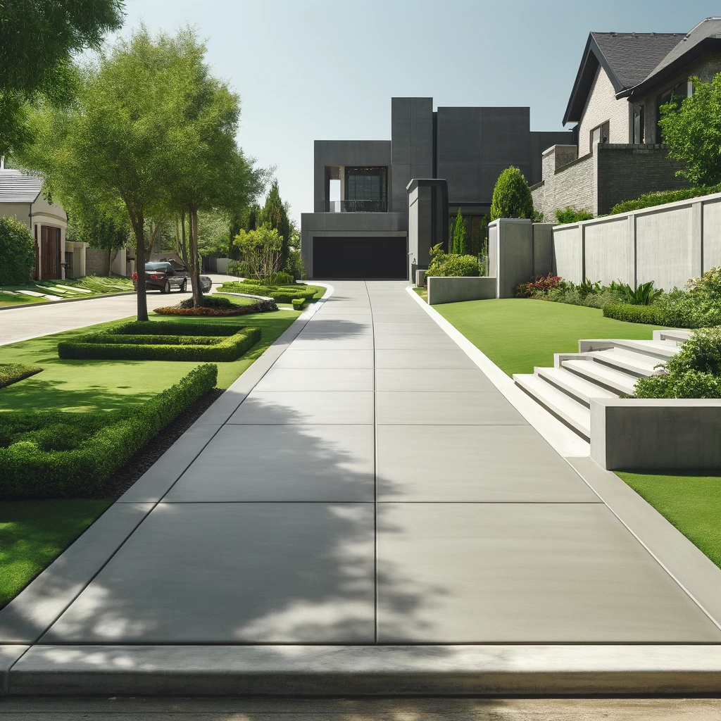 A modern concrete driveway in a residential area in Houston, Texas.