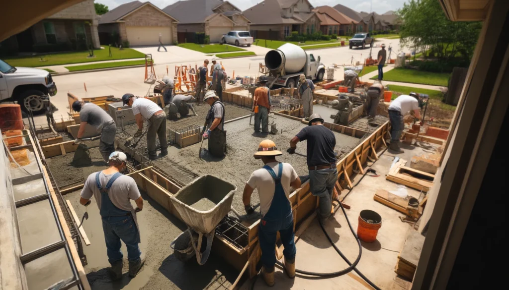 A team of construction workers in Houston, Texas, laying cement for a driveway.