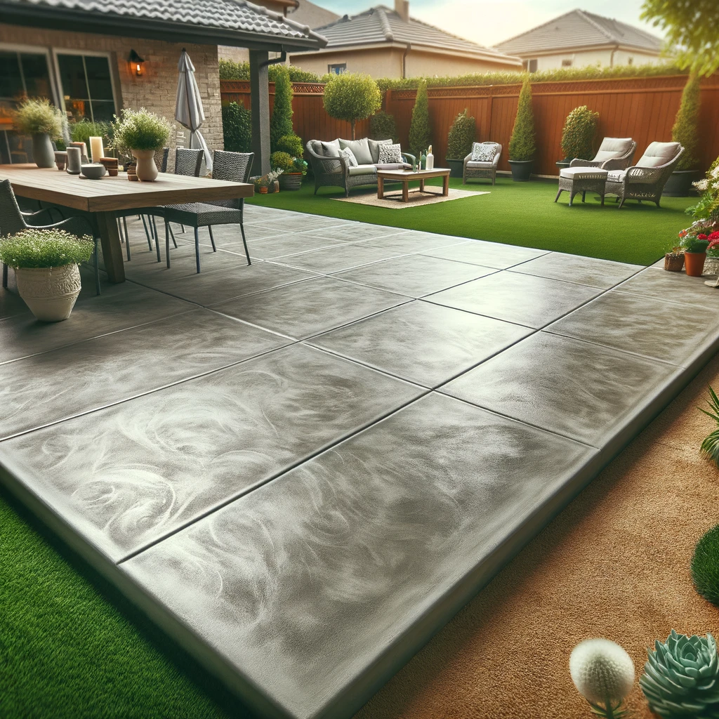 A beautifully resurfaced concrete patio in a backyard setting, showing a smooth and even surface with a decorative finish.