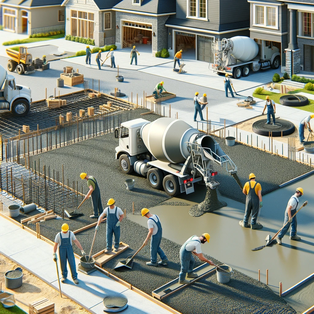 A detailed construction scene showcasing professional workers pouring and finishing concrete for a large driveway in a residential area.