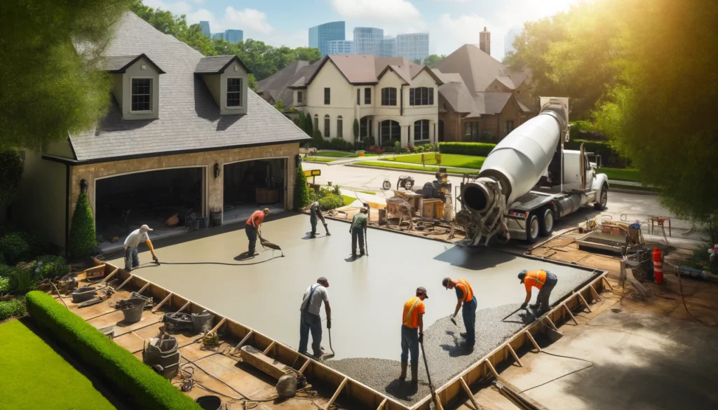 A professional concrete contractor working on a large driveway in Houston, Texas.