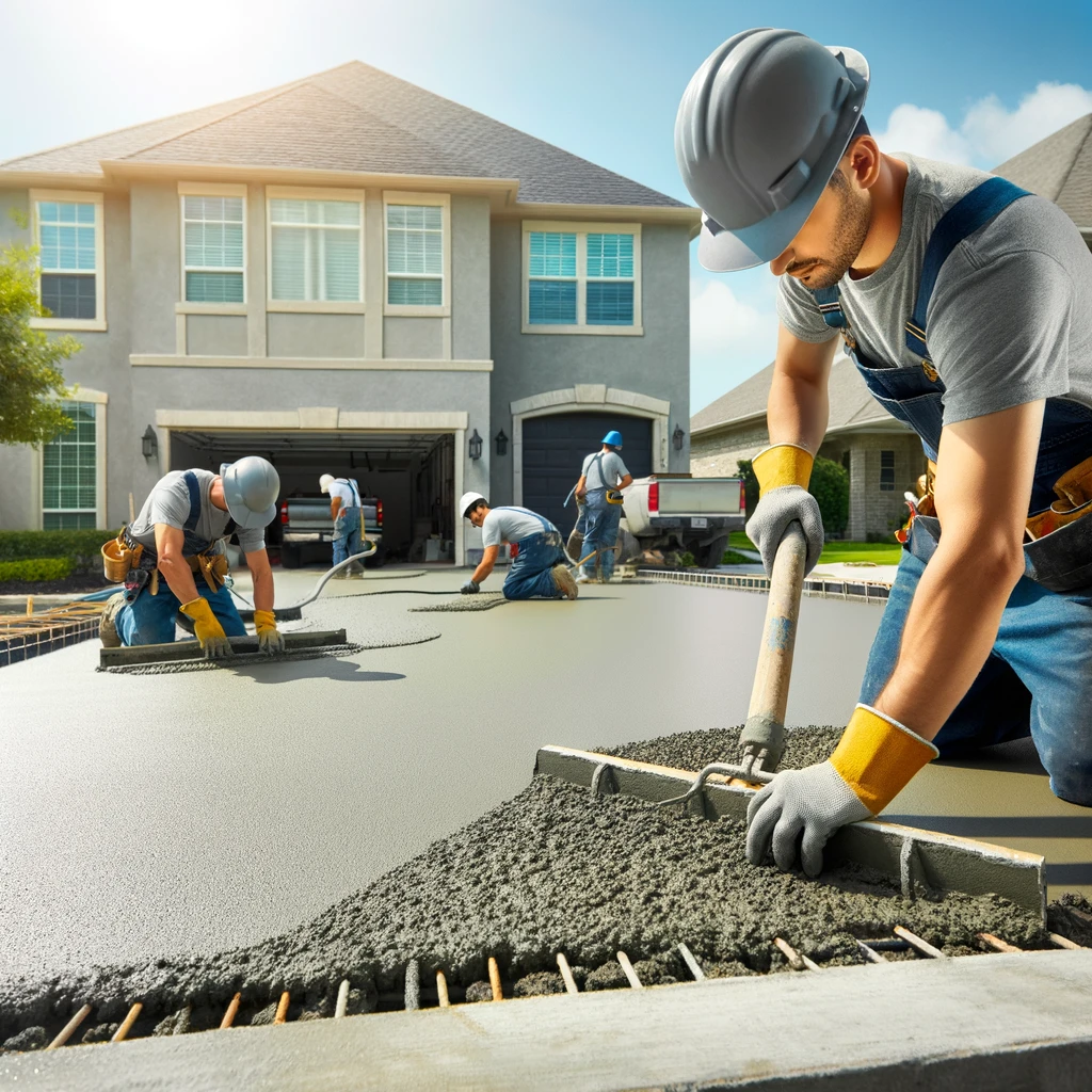 A professional concrete contractor team working on a residential driveway in Houston.