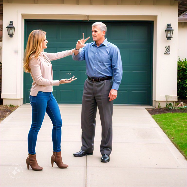 Lady arguing with homeowner on his concrete driveway