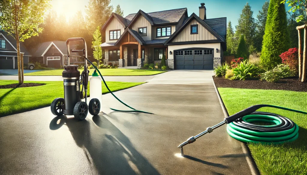 a well-maintained concrete driveway with tools in the foreground, illustrating the maintenance process