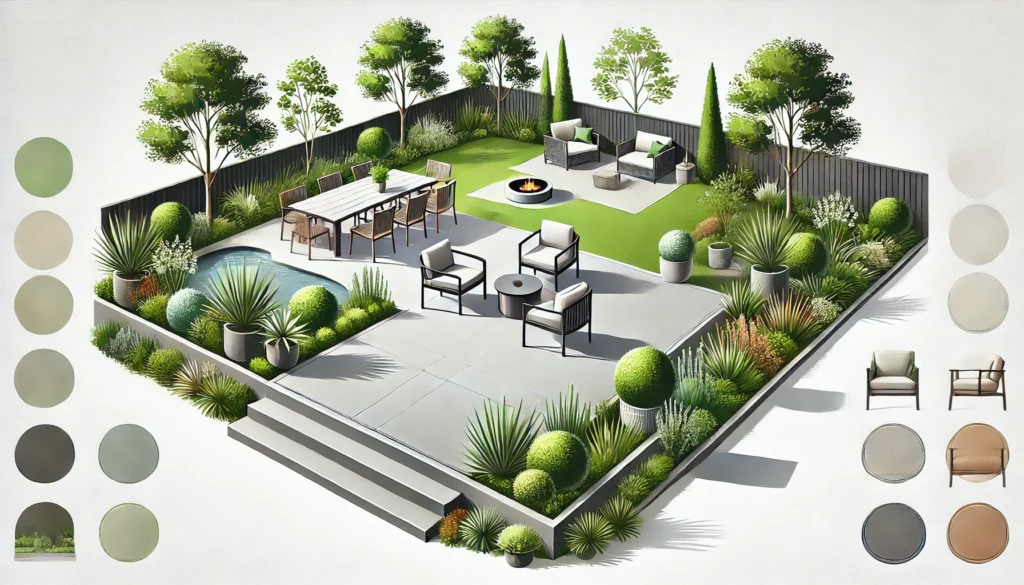 a modern concrete patio, showcasing a polished finish with outdoor furniture, potted plants, and a fire pit.