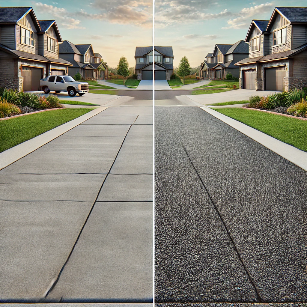 a side-by-side comparison of concrete and asphalt driveways