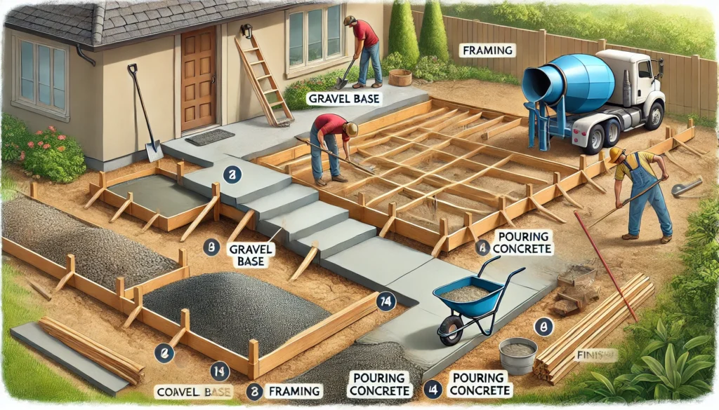 various stages of constructing a concrete walkway