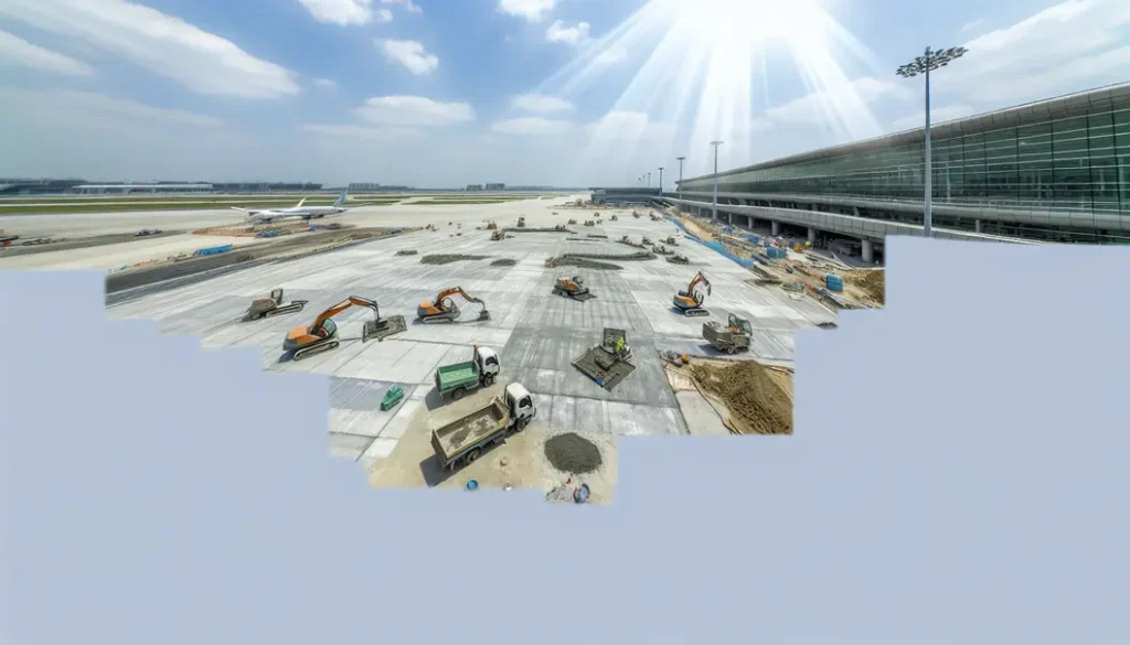 Renovation scene at SFO airport showing concrete paving and terminal expansion activity.