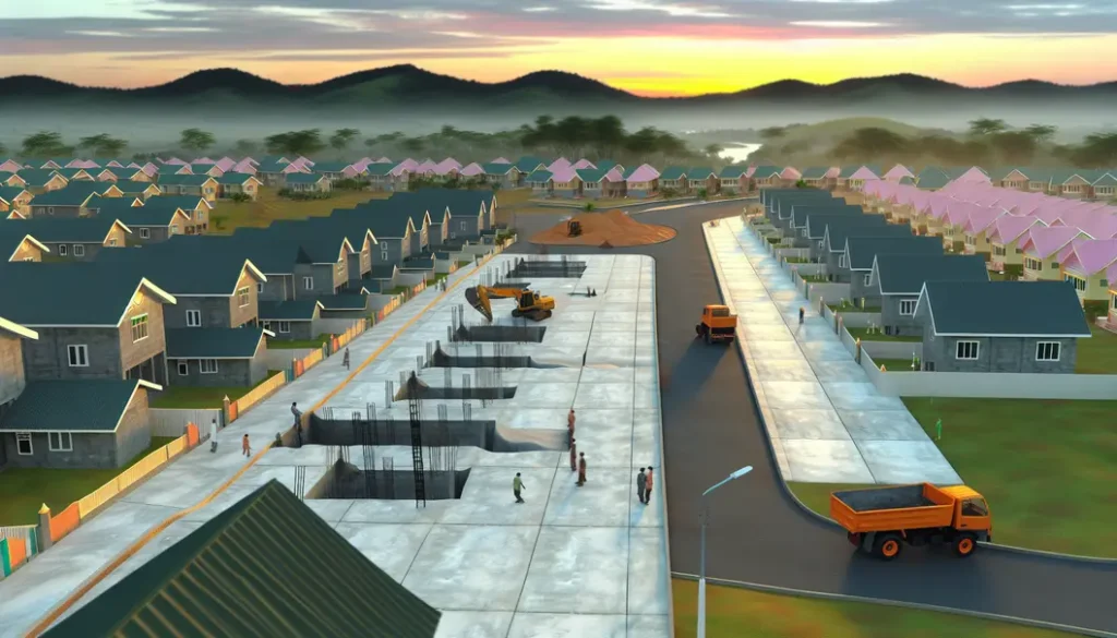 Concrete construction in progress in a small town neighborhood as the sun rises.