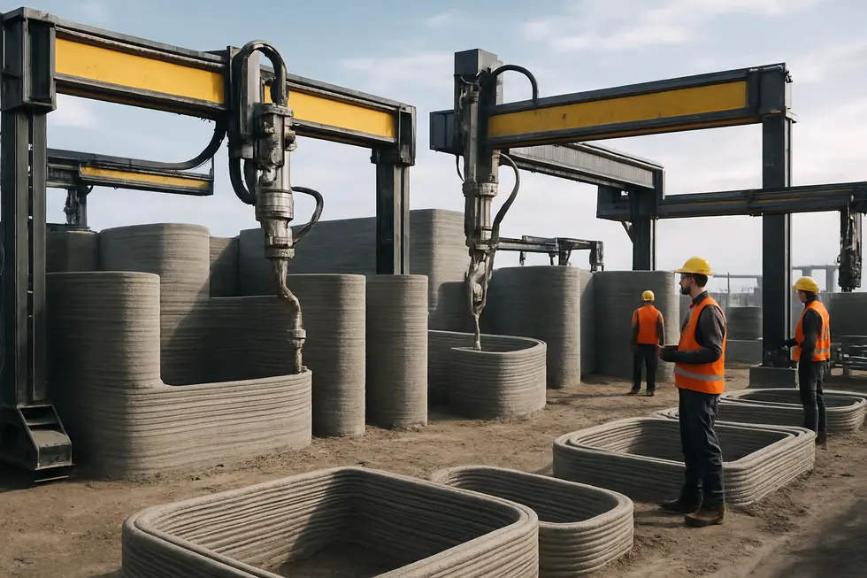 Modern construction site leveraging 3D printing technology for concrete structures.