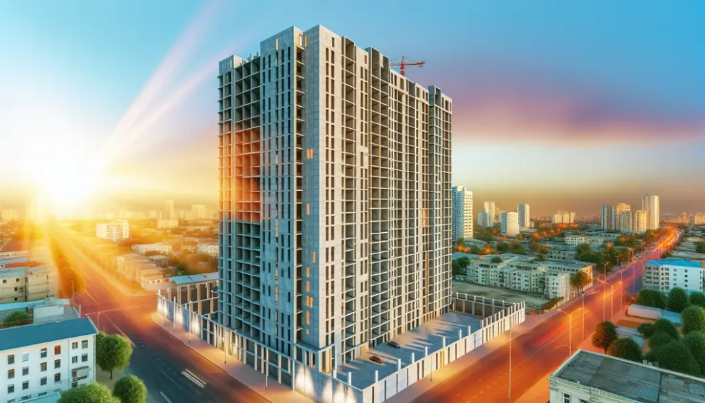 A finished high-rise residential building with precast concrete panels in an urban setting at sunset.