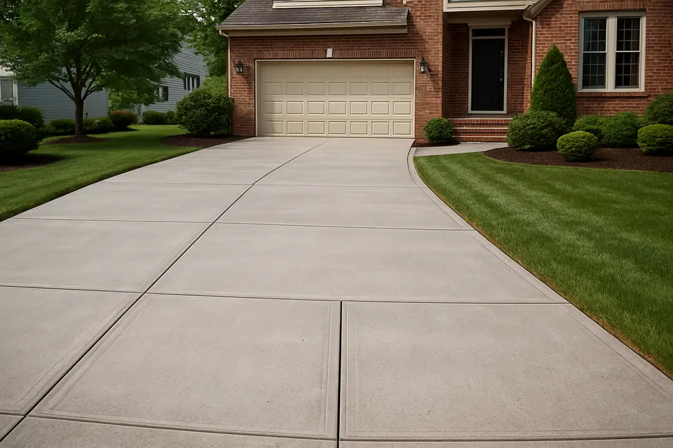 Photorealistic image of a finished concrete driveway at a residential home in Massachusetts, illustrating quality concrete construction.