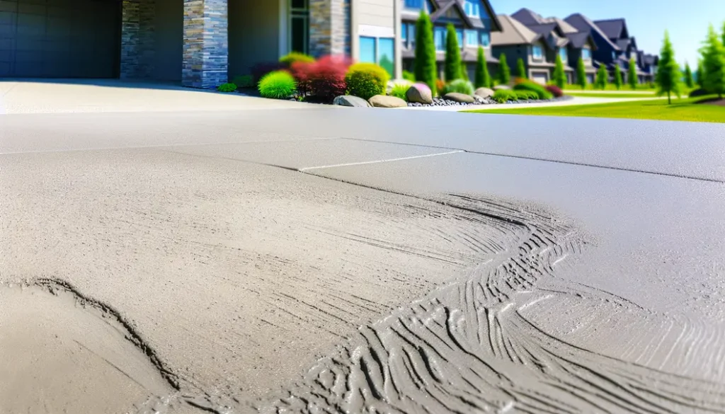 Close-up of a well-repaired concrete driveway highlighting advanced repair techniques and sustainability.