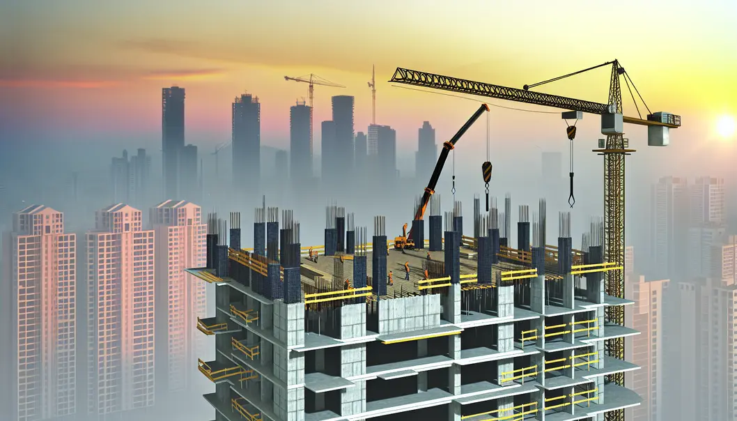 Construction site of a high-rise building utilizing precast concrete panels, highlighting efficiency in concrete construction.