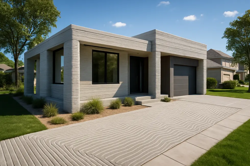 Photo-realistic image of a house with 3D printed concrete driveway and structural features, showcasing advanced construction techniques.