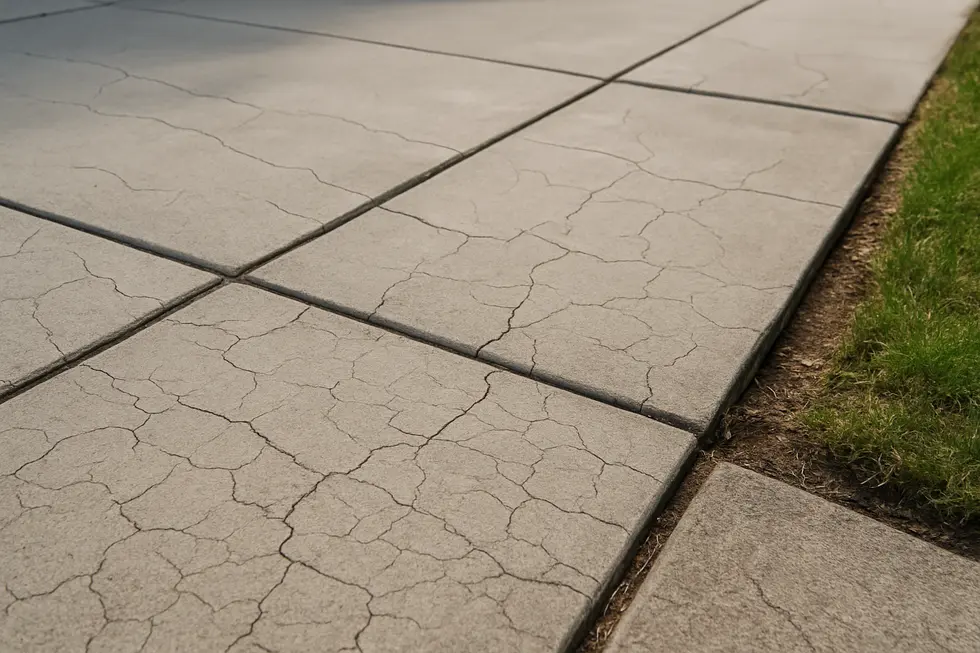 Large horizontal cracks in a driveway indicating foundational instability.