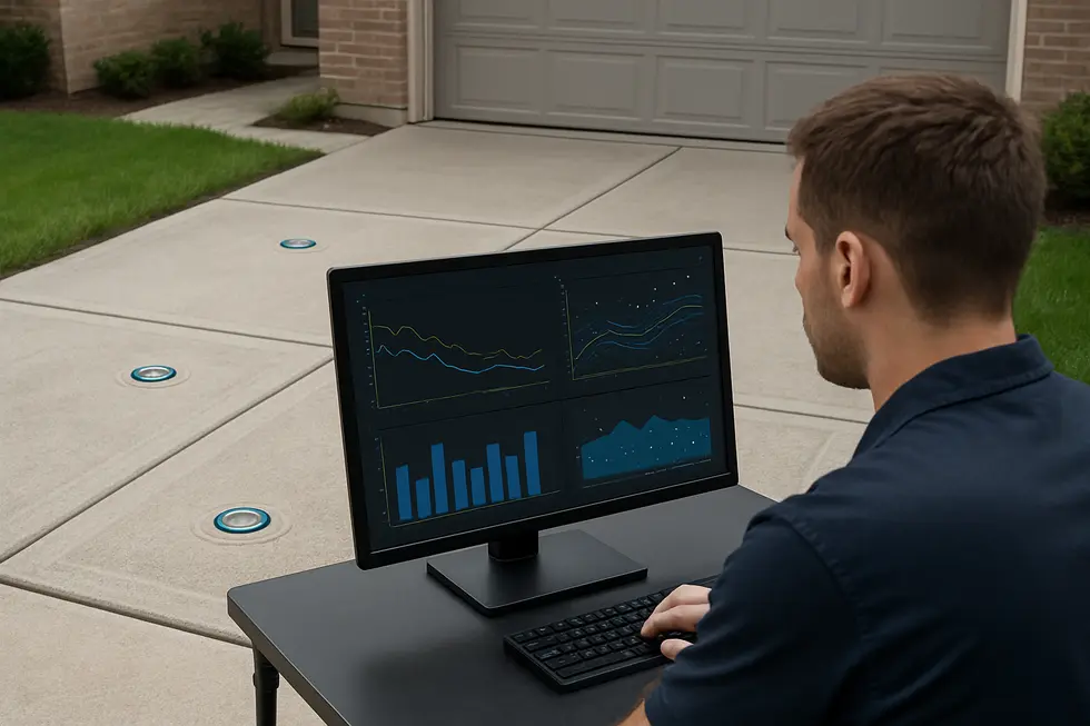 AI sensors and engineers reviewing real-time data during driveway installation.