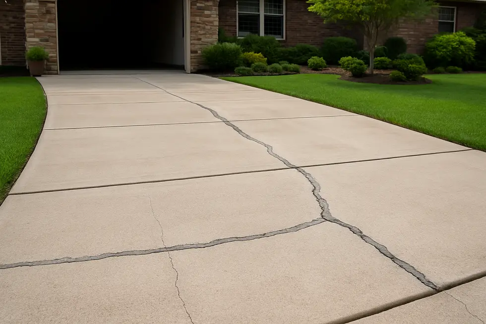 A home driveway with visible cracks that have been professionally repaired, demonstrating quality craftsmanship.