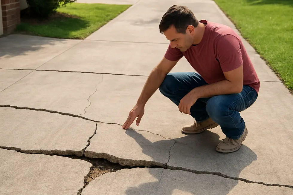 Large horizontal cracks in a driveway indicating foundational instability.